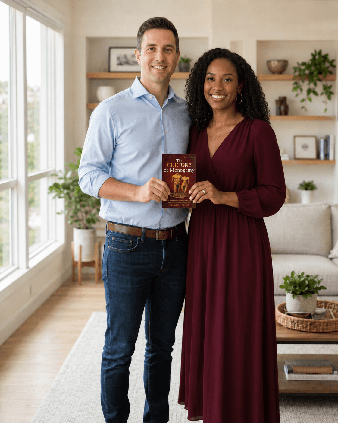 Modern couple in cozy living room holding the Cult of Monogamy book